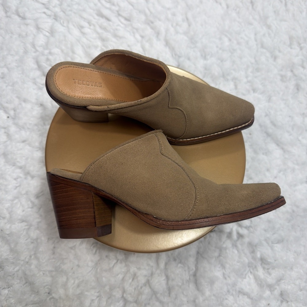 TECOVAS Suede Leather Mules Beige Tan Women's 5 B Handmade Block Heel Western